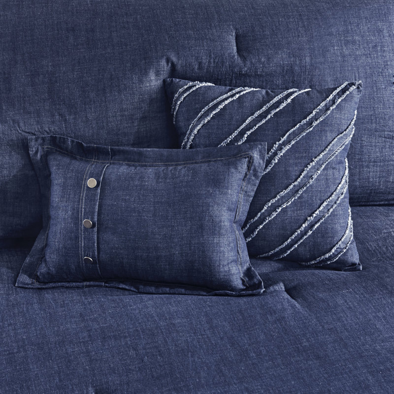 Blue Cotton King Bedspread Set with Button Detail