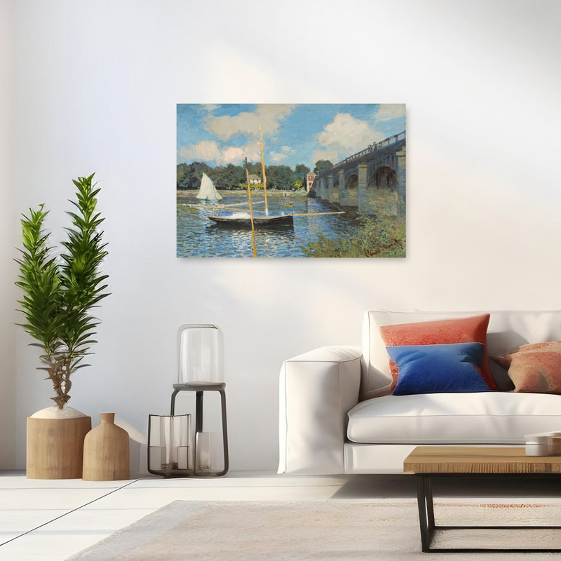 «The Bridge At Argenteuil», impression impressionniste classique de paysage côtier, H 32 po x l 48 po