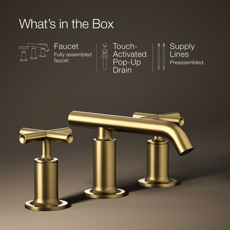 Purist Widespread Bathroom Sink Faucet with Low Cross Handles and Low Spout, Vibrant Brushed Moderne Brass