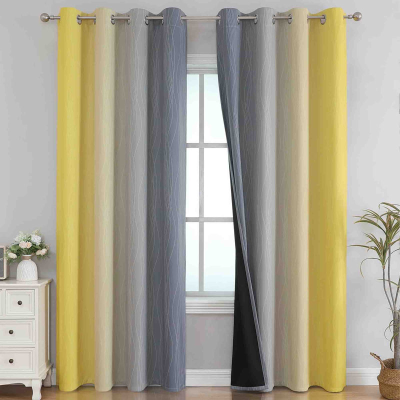 Polyester Blackout Curtain Pair (Set of 2), Yellow and Grey