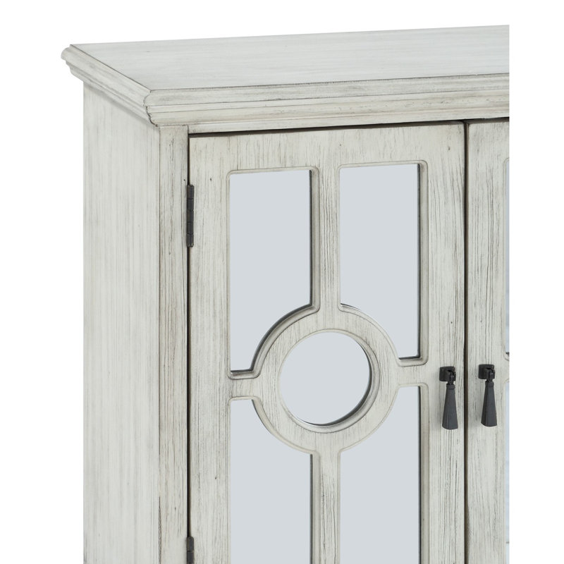Classic Storage Cabinet Modern Traditional Accent Chest with Mirror Doors Pendant Pulls Wooden Furniture, Antique White