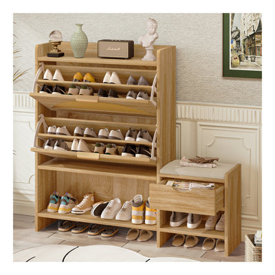 Rangement pour chaussures avec rangement pour chaussures en rotin avec 2 tiroirs rabattables, un tiroir de rangement et un banc pour l'entrée et le couloir, brun clair