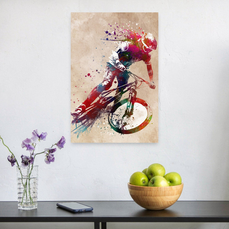«Vibrant Mountain Biking Action», art mural contemporain, 24" H x 16" W