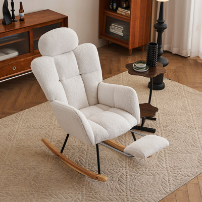 Chaise berçante rembourrée en tissu avec coussin, repose-pieds et dossier haut Teddy