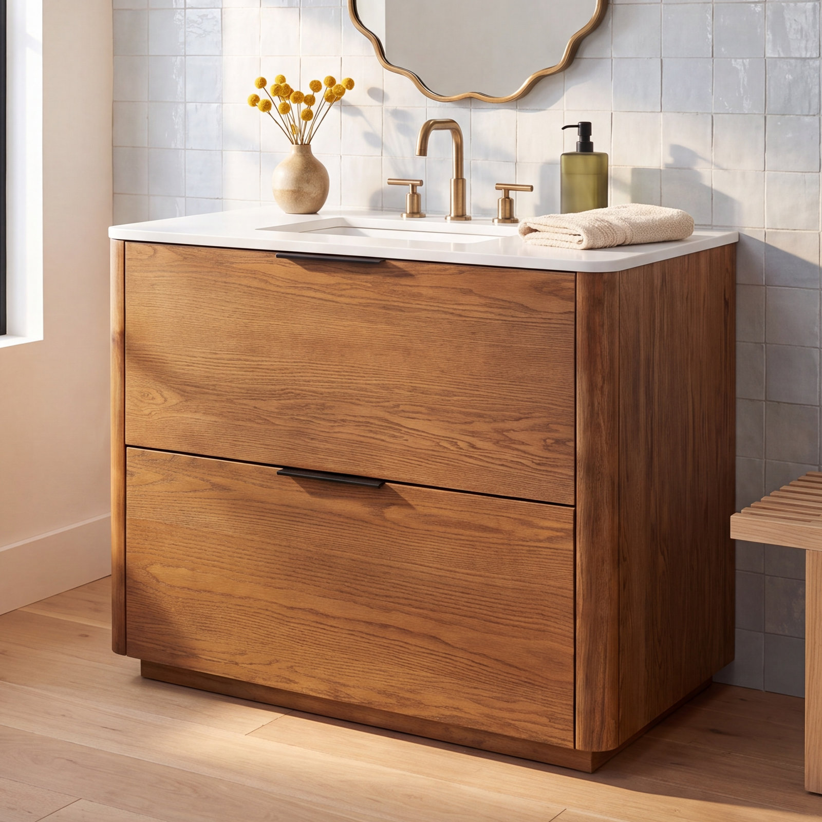 Tahani 36" Genuine Marble Single Bathroom Vanity, Medium Oak