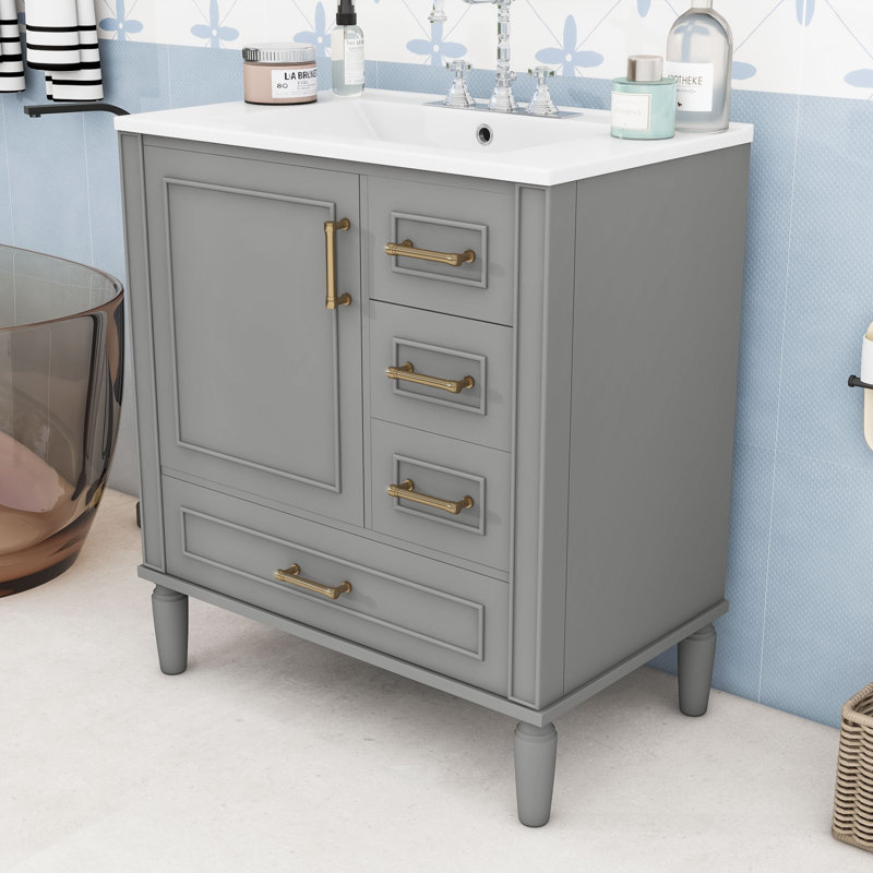 Meuble-lavabo de salle de bain avec lavabo en céramique, tiroirs de rangement et porte, Gris