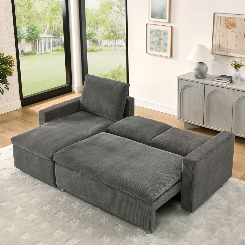 L Shaped Convertible Sleeper Sofa Bed, 90" Sectional Couch For Living Room , Pull Out Bed, Reversible Chaise With Storage , Removable & Washable Gery Corduroy Covers