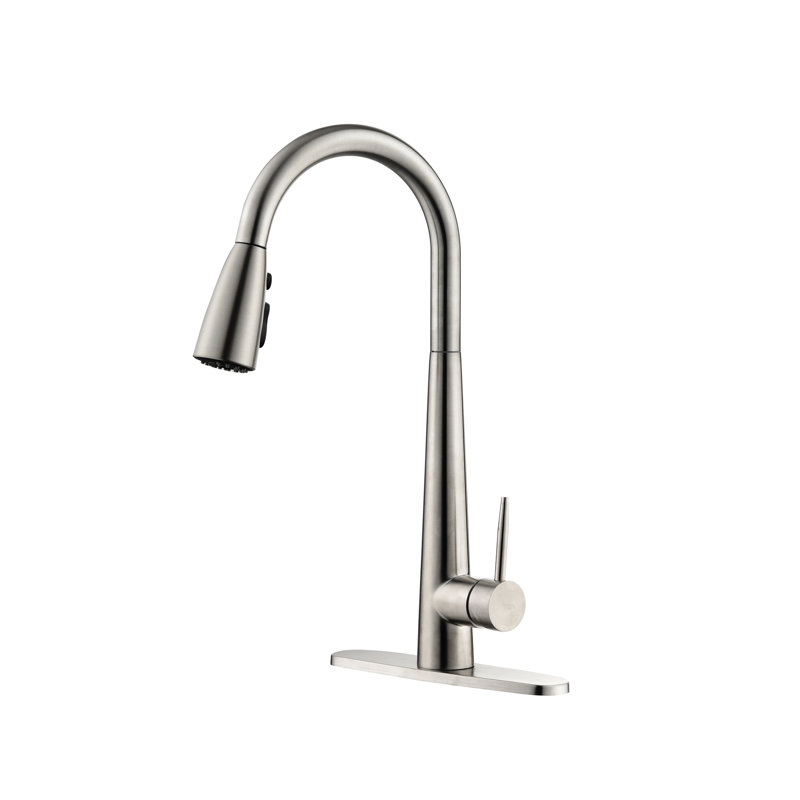 Brushed Nickel Kitchen Faucet, Deck Plate, High Arc Single Handle, Pull Down , Modern Stainless Steel Character Sink Faucet In Nickel, Handle With