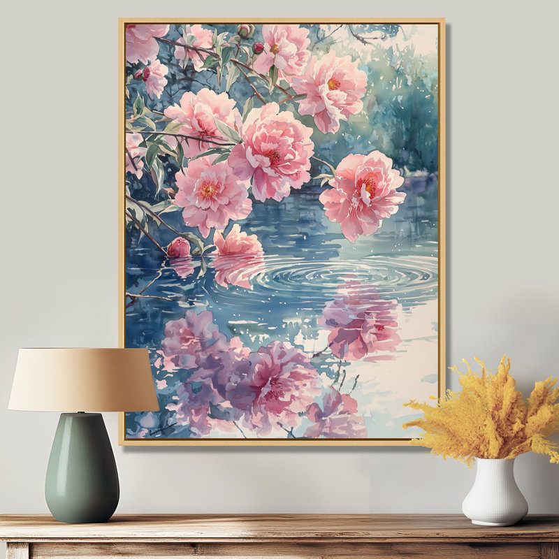 Pe pivoines par The Farm Pond I - pivoines, art mural, H 32 po x l 24 po, Reproduction avec cadre flottant, Crème, crème