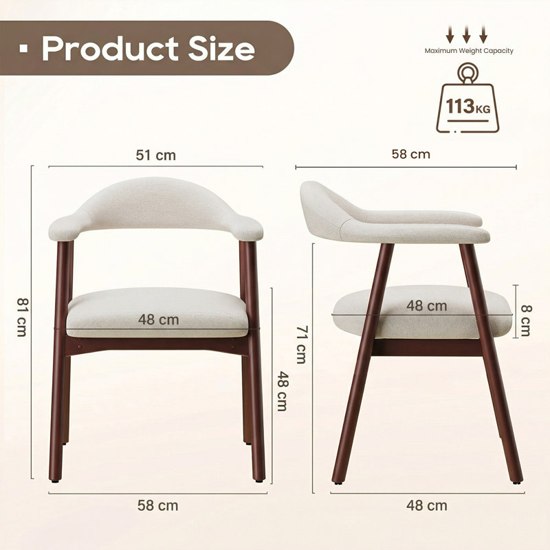 Upholstered Dining Armchairs With Solid Wood Legs, Fabric Beige