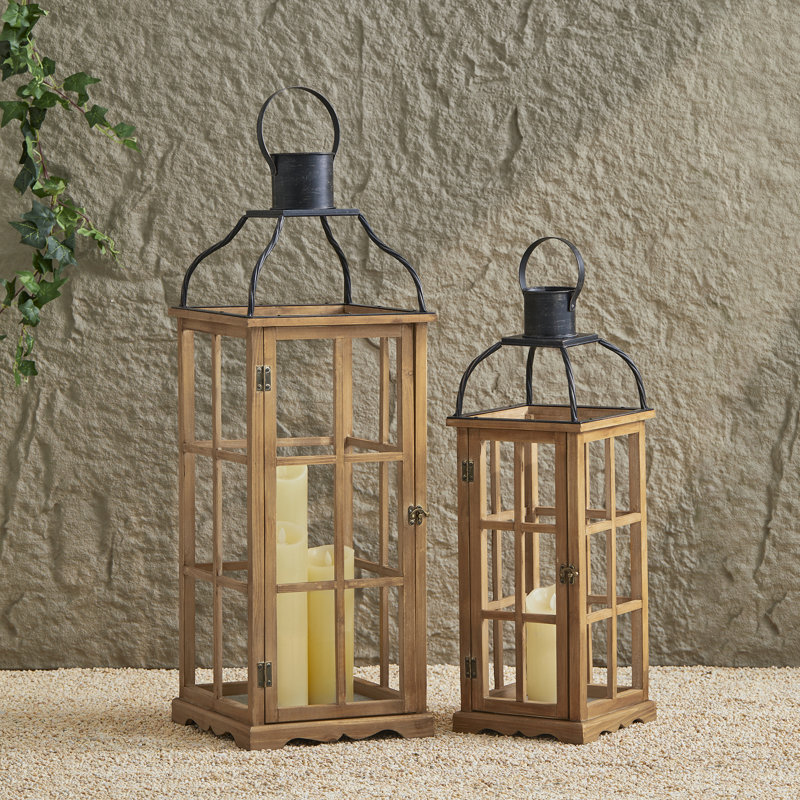 Wood and Metal Tabletop Lantern, Natural, 25.00"H