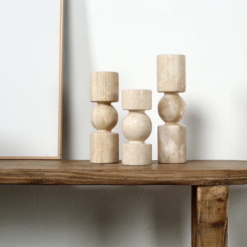 Natural Travertine Stone Candle Holders Set of Three 7.8"/10" /11.8H