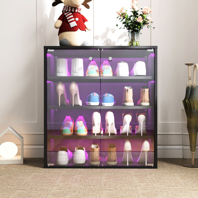 Shoe Storage With Led Color Changing Feature - 4 Tier Stackable Wooden Box Glass Door For Sneakers Quality Bin & Display Case