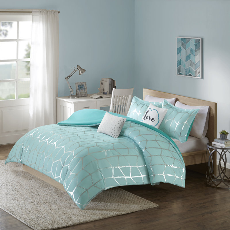 Raina Duvet Cover Set, Twin XL Duvet Cover + 1 Sham + 2 Throw Pillows, Aqua/Silver
