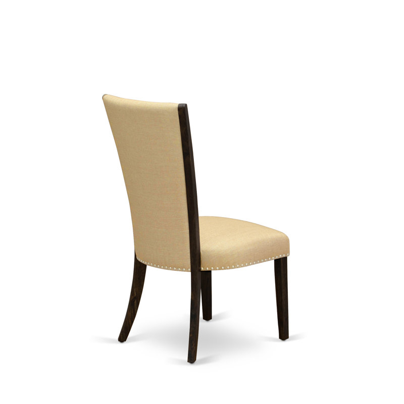 Distressed Jacobean 48'' Round Wood Dining Set with Beige Linen Chairs