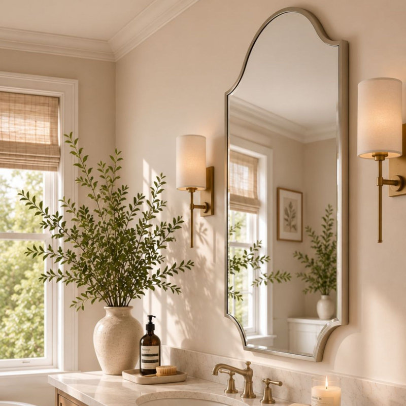 Airius Decorative Scalloped Bathroom Vanity Mirrors, Arched Wall Mirror, Brushed Nickel, 32" x 24"