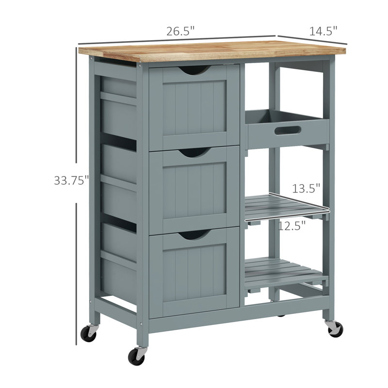 Chariot de cuisine compact avec étagères, gris - Surface en bois, tiroirs et plateau amovible pour un gain d'espace optimal. Tiroirs de rangement à roulettes, plateau, roulettes et organisation des aliments.