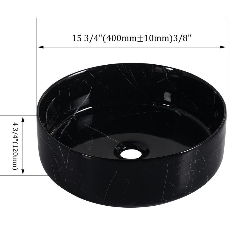 Above - Counter Round Ceramic Sink For Bathroom, Black And White Art, Baked Glaze, Smooth , 15.33 In Width, Depth, 4.67 Height, 18.55 Lb Art Basin , Easy To Clean, Three Layer Stain ,