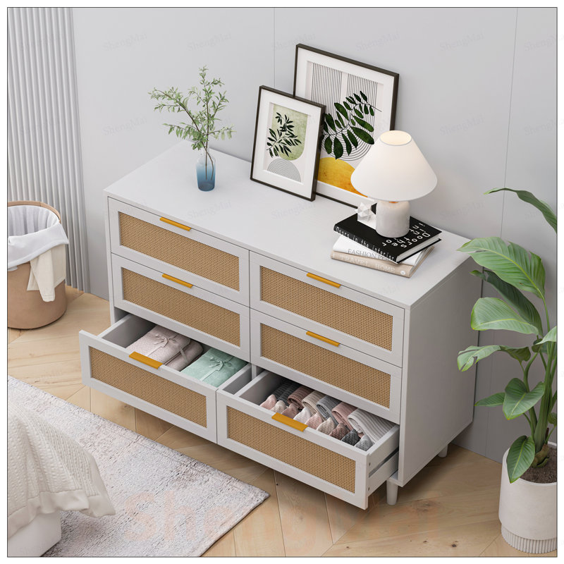 Armoire de rangement en rotin à 6 tiroirs au design naturel pour la chambre à coucher et le salon, écologique et spacieuse