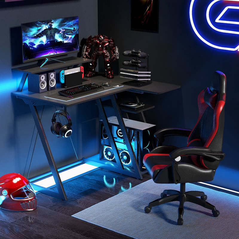 Computer Desk w/ Built-in Charge Station Metal Frame Gaming Desk w/ Monitor Shelf Writing Desk, Black