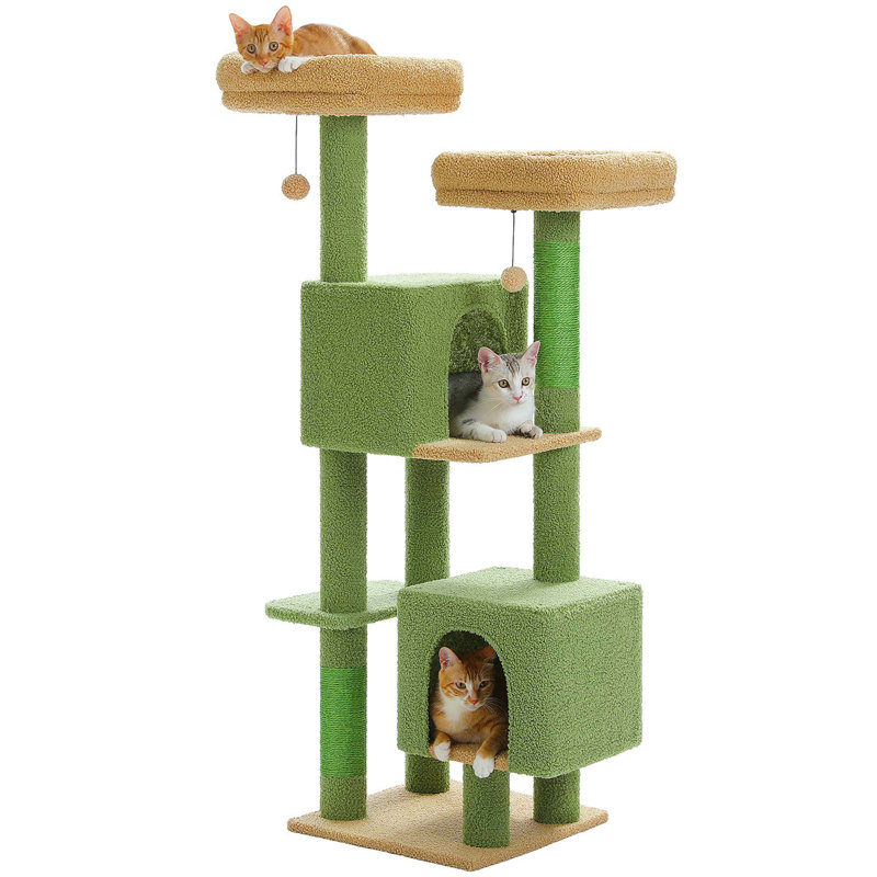 Cat Tree, 52.4" Cat Tree Tower For Indoor Cats, Cute Cat Tree With 2 Flower Padded Perches, 2 Condos & 2 Scratching Posts