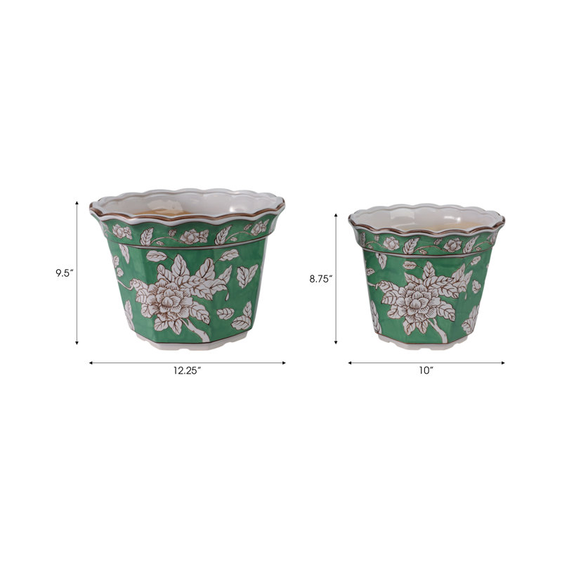 Set Of 2 Ceramic Planters With Embossed Floral Detailing And Scalloped Rims