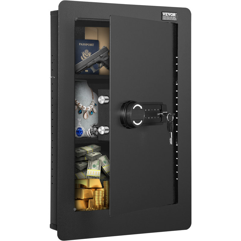 Black Steel 25.59" Tall In-Wall Safe with Keypad and Shelves