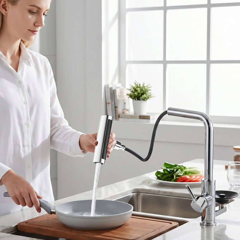 Single Lever Pull-Out Kitchen Mixer Tap With Integrated Glass Rinser, Chrome