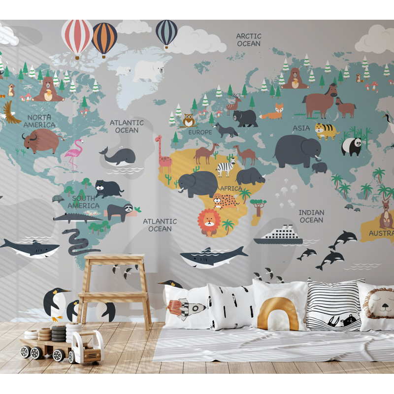 Papier peint mural pour enfants, carte du monde, gris, L 75 po x l 112 po