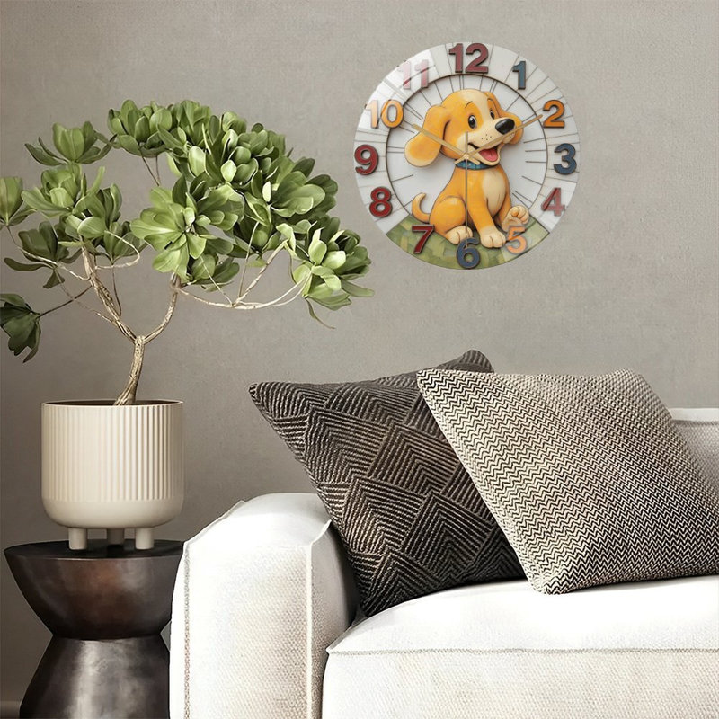 Horloge murale mignonne chien pour décoration intérieure - Horloge murale moderne en verre 12 po