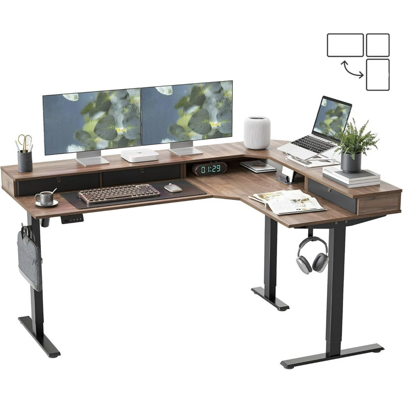 Bureau debout électrique en L avec tiroirs, Brun / Noir