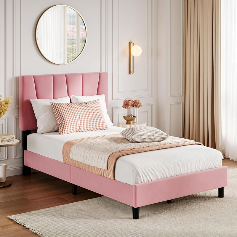 Cadre de lit avec tête de lit réglable, lit plateforme tapissier en lin avec tête de lit, Lit simple, Rose