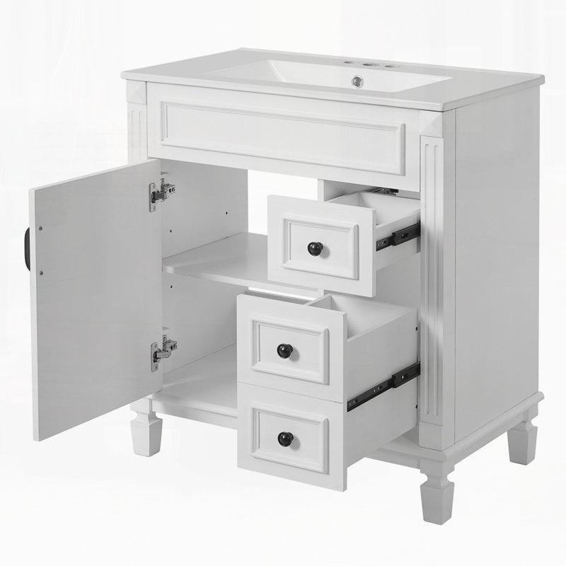 Meuble-lavabo 30 po avec lavabo en céramique, Blanc / Doré, 30"