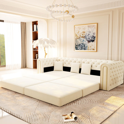 90.6" 3 - In 1 Space Saver Sleeper, Seater Couch With Button And Movable , Beige/white Velvet For Guest Room Convertible Bed, Elegant Gold Edge Trim Back, Dark Grey Apartment Comfort