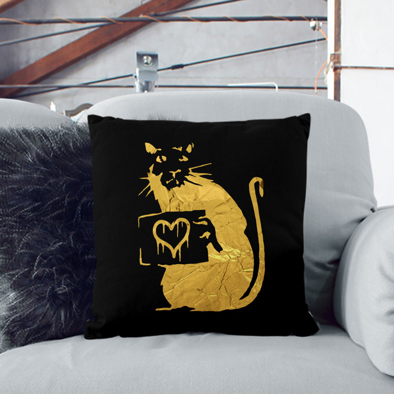 Banksy In Gold Rat With Heart Square Throw Cushion, 55cm H x 55cm W x 20cm D