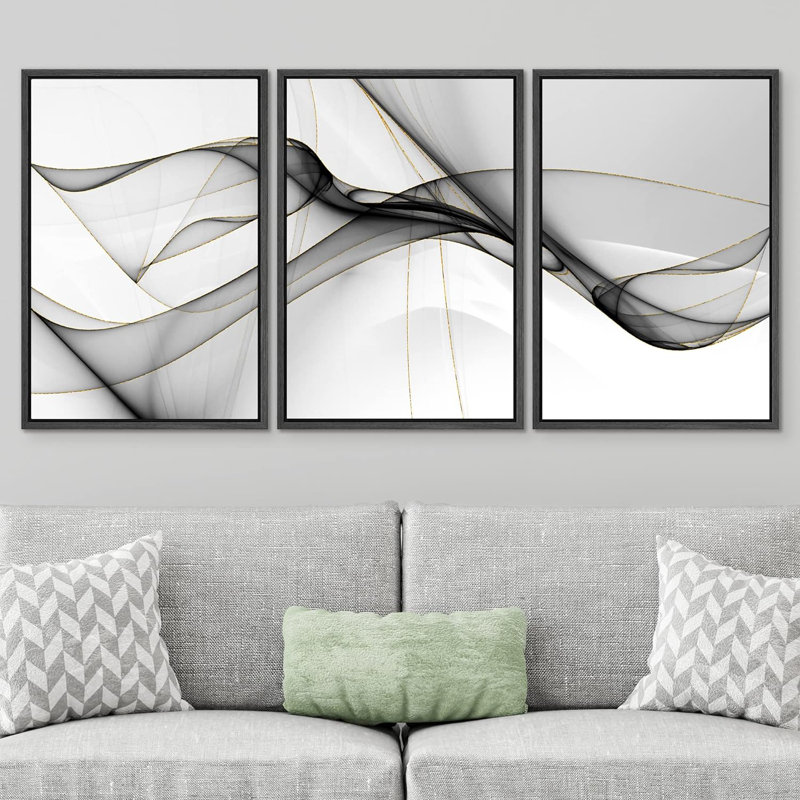 "Smoke Effect", pastel noir et blanc, images modernes neutres, impression sur toile encadrée, 3 pièces, H 36 po x l 72 po