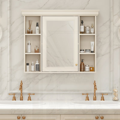 Armoire de rangement murale bleue 35 po x 28 po avec porte miroir, armoire de salle de bain moderne avec miroir, armoire à pharmacie avec 6 tablettes ouvertes
