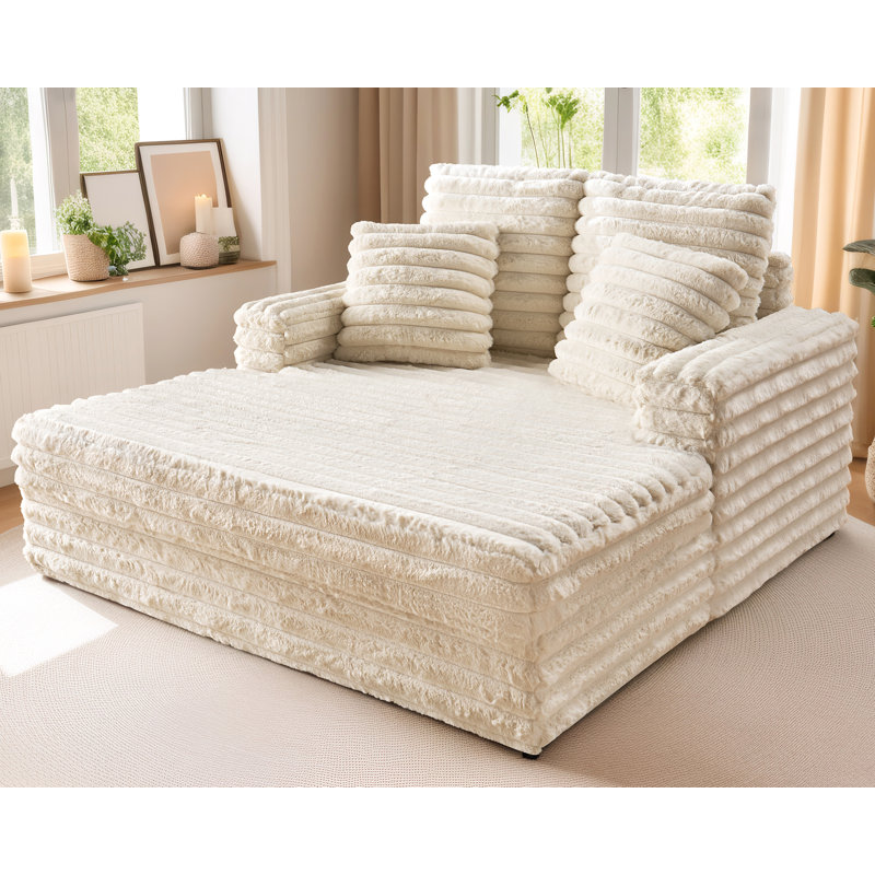 Bahi Faux Fur Upholstered Chaise Lounge with Toss Pillows, White Faux Fur