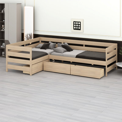 Twin Size L-Shaped Platform Bed With 3 Storage Drawers, Solid Wood Bed Frame With Safety Guardrails