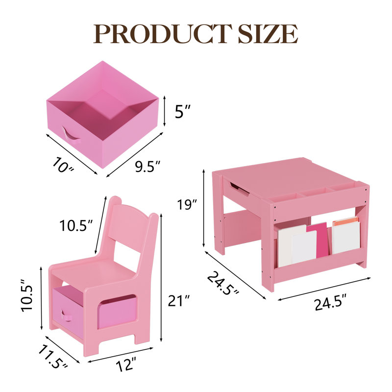 Ensemble de 3 tables d'activités en bois aggloméré rose avec 2 chaises et une bibliothèque pour les enfants