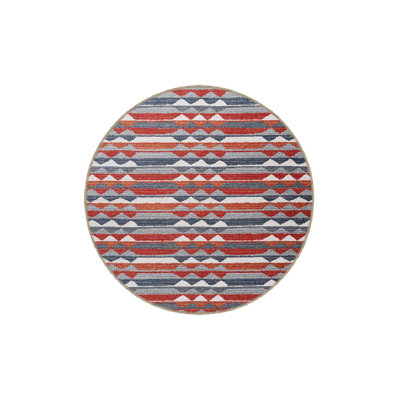 Machine Washable Striped and Triangle Motif Patterned Blue and Red Base Area Rug