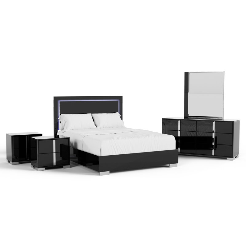 Ensemble de chambre Duckworth, Black, Grand, Cinq pièces : Lit, 2 tables de chevet, commode, m