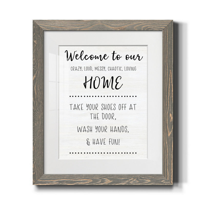 Welcome to Our Home - Reproduction d'art textuel sur papier encadré, H 20 po x l 17 po x P 1 po, gris