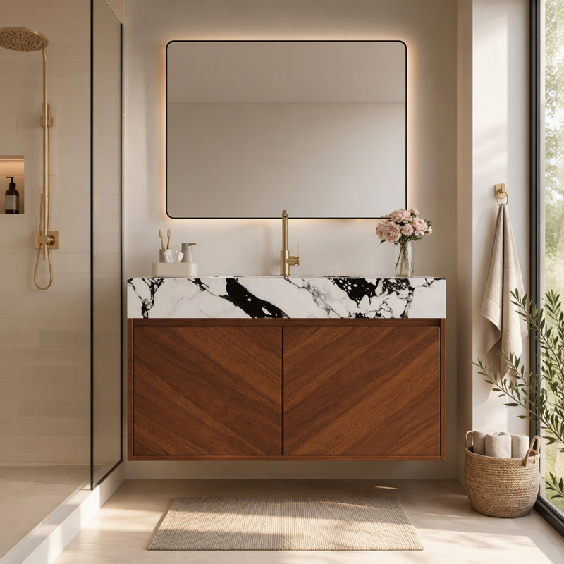 Freestanding Standard With Stone Top, Walnut, Multicolor
