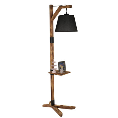 Lampe sur pied moderne en bois avec capuchon en tissu, couleur noire, hauteur 72,8 po | Comprend 2 tablettes en bois, interrupteur marche / arrêt | Douille E27, 40 W maximum | Idéal pour les décors industriels, du sud-ouest et de la campagne