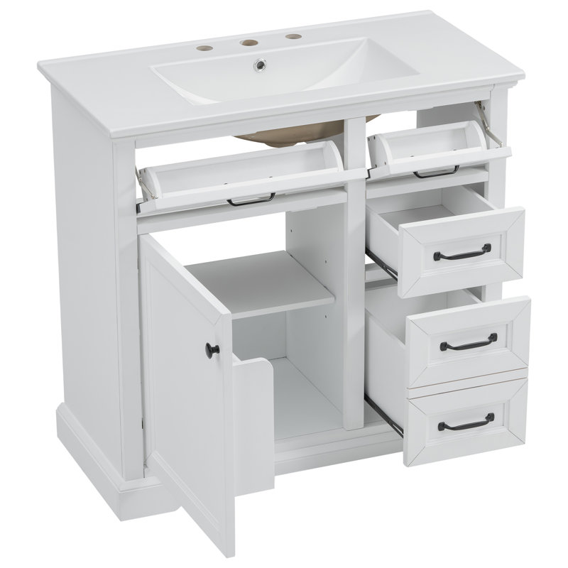 36" Bathroom Vanity With Sink,2 Drawers With Slide Rails,2 Tip-Out Drawers And 1 Door, White