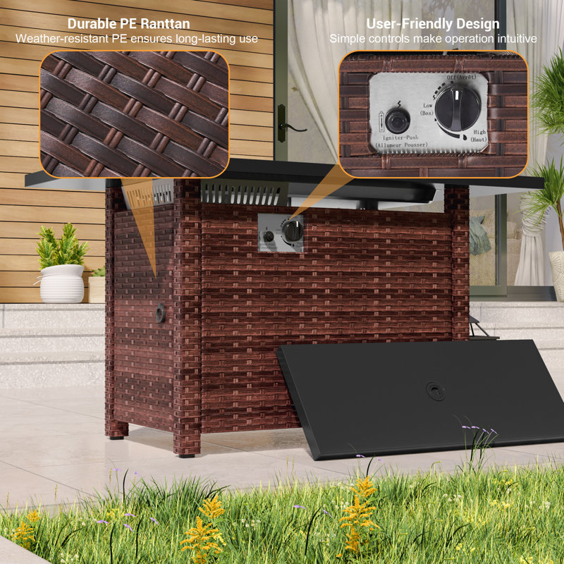 45'' Rectangular Patio Fire Pit Table with PE Rattan, Brown