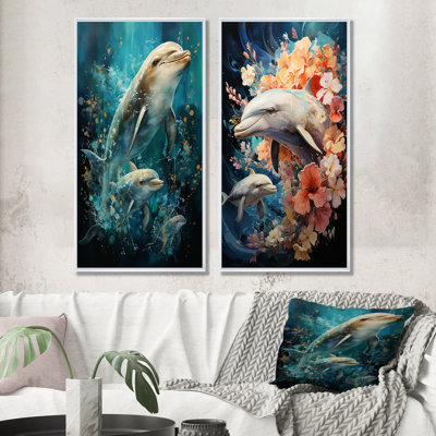Dolphin Aquatic Harmony - Dolphin Wall Art Prints Set Of 2