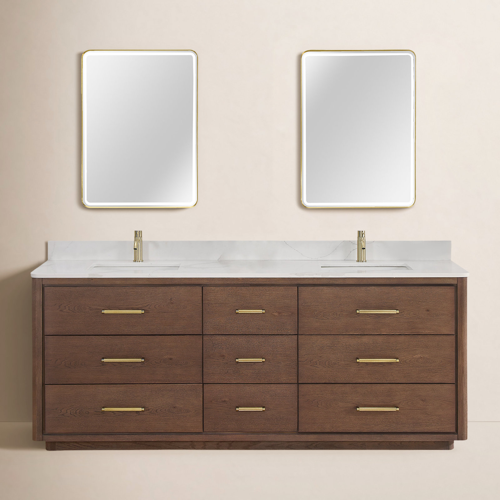 Porto 84'' Double Bathroom Vanity, Dark Brown Oak, Gold