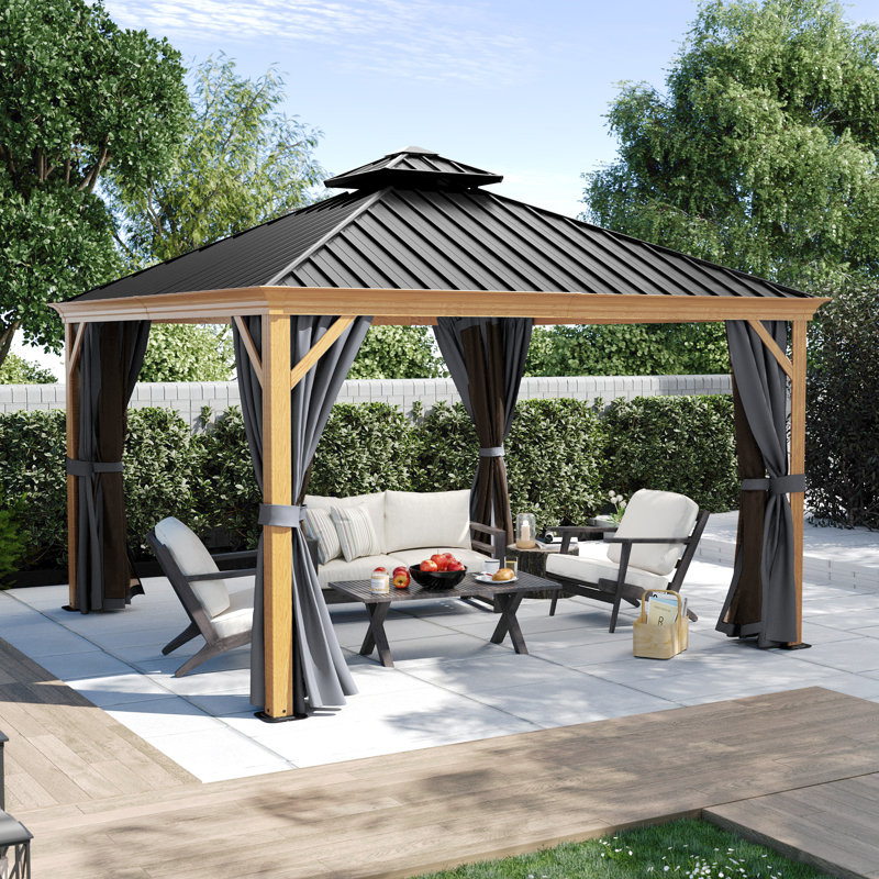 Aluminum Patio Gazebo, Black, Natural Wood Grain, 12' W x 12' D